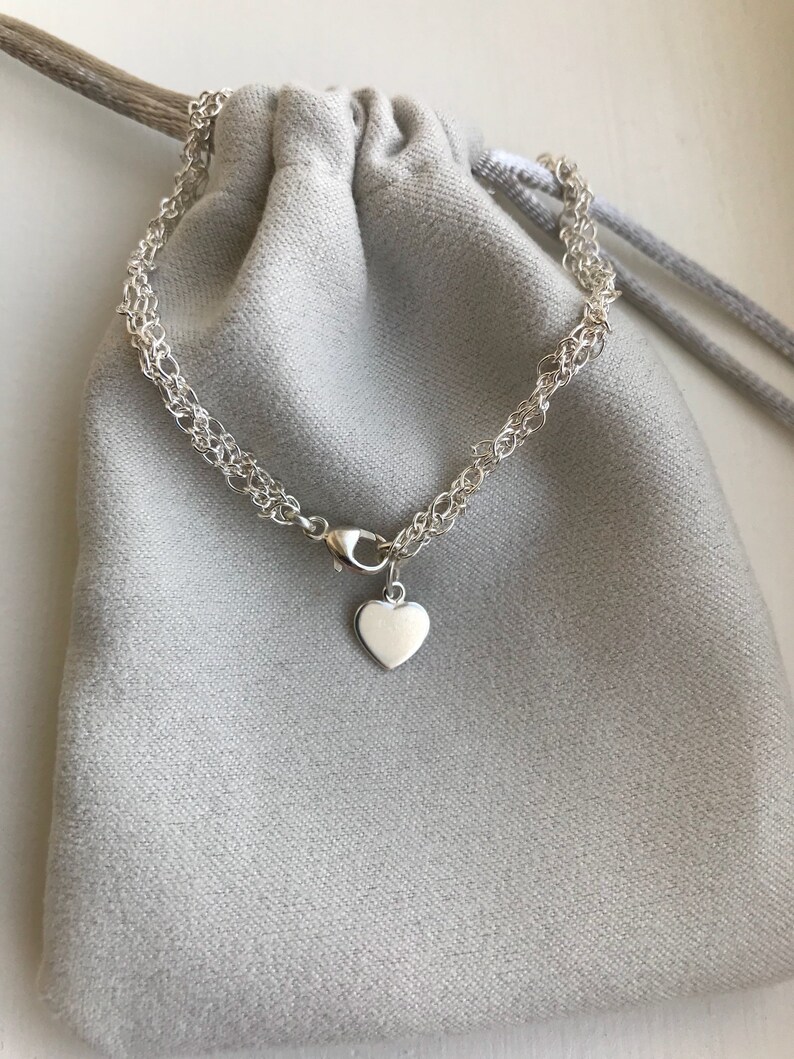 Womens 925 Sterling Silver bracelet Minimalist bracelet Flat heart charm bracelet for girls multistrand dainty silver bracelet for women