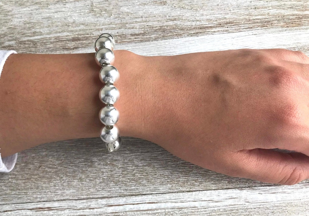 12mm Silver Ball Bracelet 925 Sterling Silver Ball Bead Bracelet 12mm  Silver Beaded Bracelet Big Silver Ball Beads Bracelet Sterling Bead 