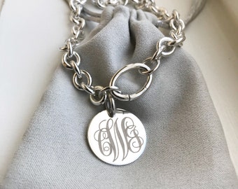 Sterling Silver Monogram Bracelet, Engraved Initial Chain Link