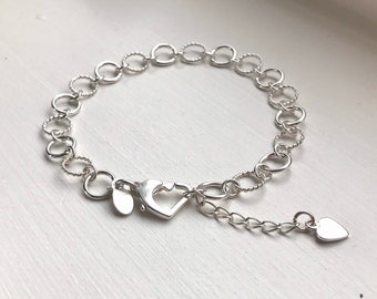 sterling silver heart bracelet silver textured bracelet silver round chain silver heart lobster bracelet silver heart link bracelet heart