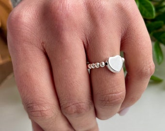 sterling silver stretch ring 925 silver elastic ring silver stacking ring silver heart bead ring sterling silver ball ring engravable ring