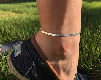 Sterling Silver Herringbone Anklet, Dainty Ankle Bracelet (9-10 Inches)