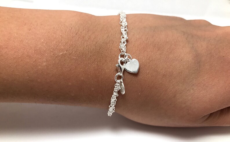 Womens 925 Sterling Silver bracelet Minimalist bracelet Flat heart charm bracelet for girls multistrand dainty silver bracelet for women
