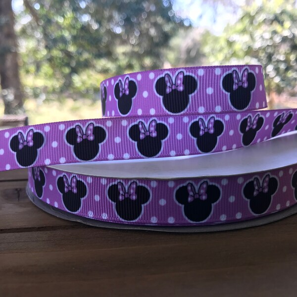 Purple Lavender  Minnie Mouse Disney Inspired  Ribbon 5/8 Inch  Ribbon BTY By The Yard Minnie Mouse Ears Bow Printed Grosgrain Head 16mm