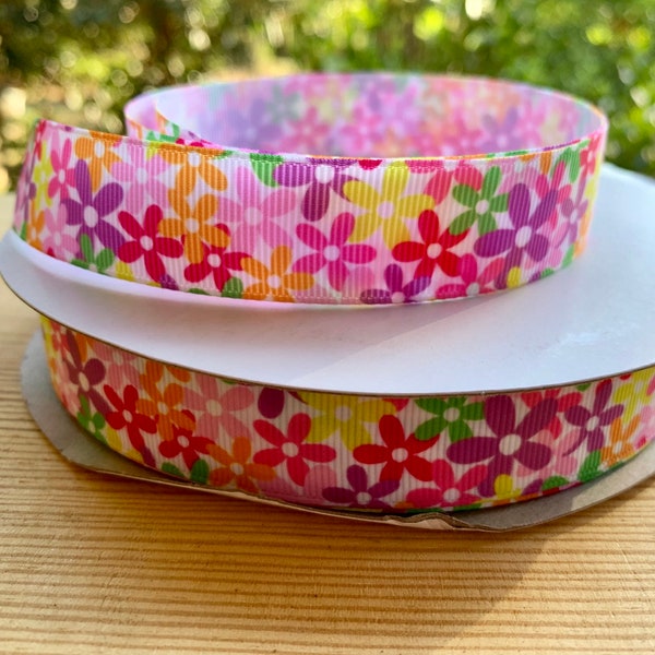 7/8" Flower ribbon  Daisy Spring Grosgrain 22mm  By the yard  7/8 inch Colorful