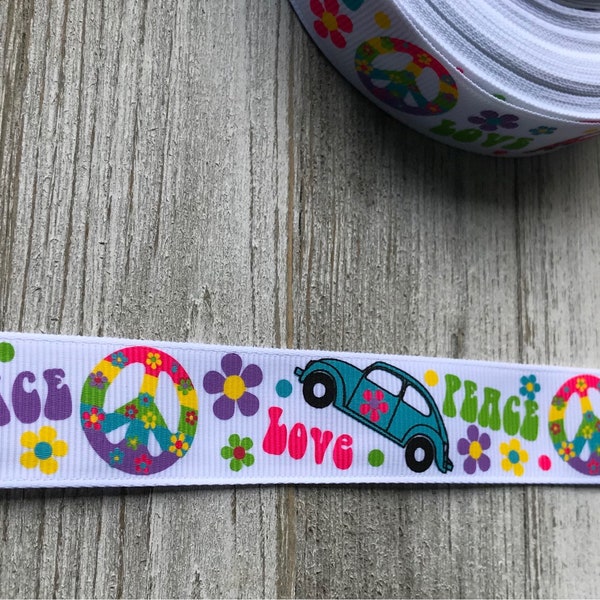 Five yard destash 7/8" Beetle  Bug Car Volkswagen Grosgrain 22mm 7/8 Inch Ribbon Colorful Peace Sign Car Tie Dyed Flower Hippie