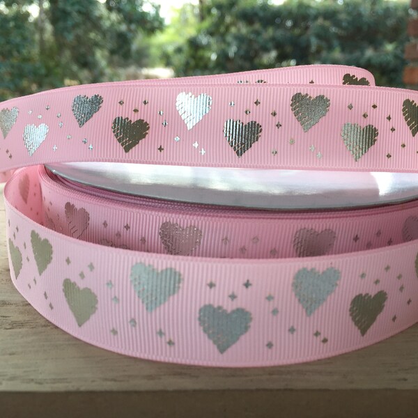 1" pink Foil  Silver heart ribbon 25mm Grosgrain One  inch Grosgrain By the Yard bty glitter Valentine’s Day