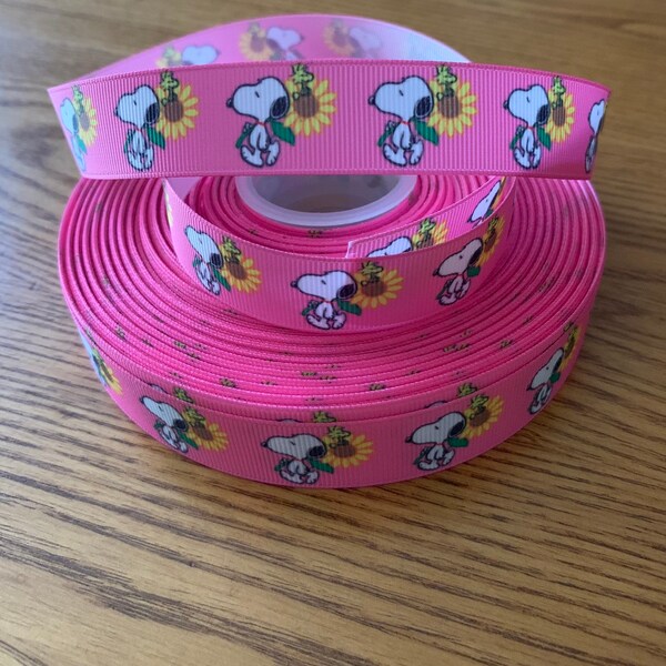 7/8" Snoopy peanuts inspired spring pink Sunflower Grosgrain Ribbon 7/8 22mm BTY By the yard high quality