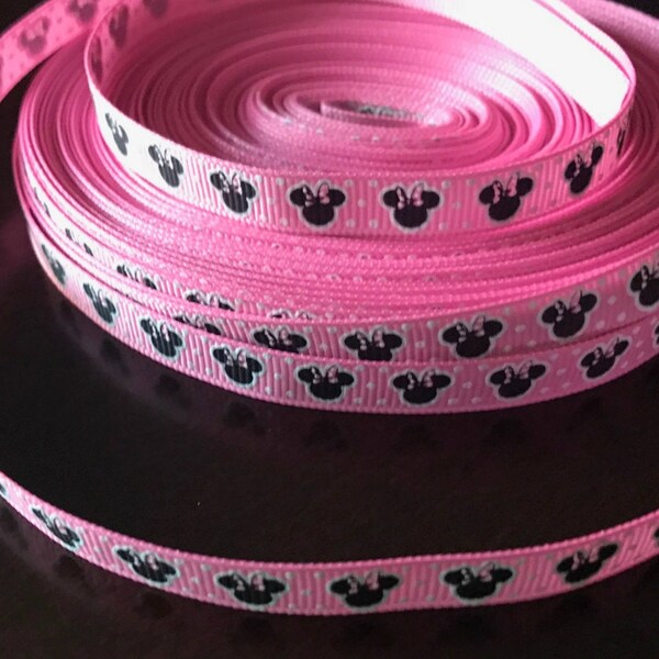 Pink Minnie Mouse Disney Inspired  Ribbon 3/8 Inch  Ribbon Minnie Mouse BTY By The Yard Minnie Mouse Ears Bow Printed Grosgrain Ribbon Head