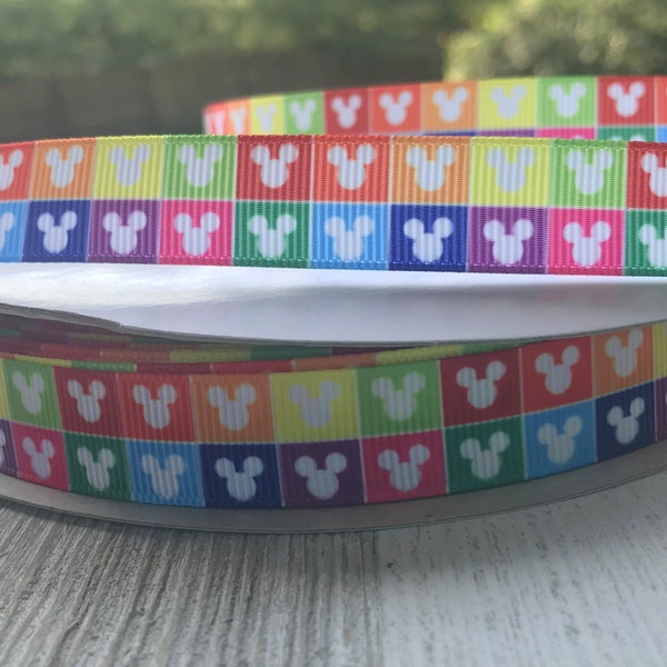 5/8" Multi Color Rainbow Colored Minnie Mouse Disney Inspired Ribbon 5/8 Inch Ribbon BTY By The Yard Bow Printed Grosgrain Ribbon Head 16mm