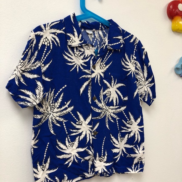 Kids 1990s Hawaiian Shirt Vintage Boys Tropical Palm Tree Print Top Children's Size 5-6 Years