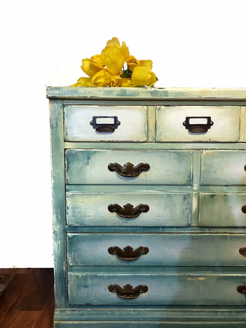 Boho Painted Dresser Ombré Drippy Furniture Blue Yellow Etsy
