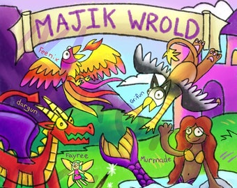 Magic World Fantasy Unicorn Mermaid Dragon Gryphon Phoenix Fairy Crayon Silly Drawing Furry Poster Print