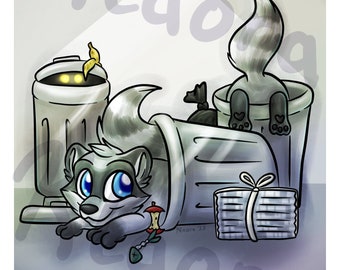 Se llama "Bote de Basura", mapache peludo, caricatura motivacional, animal divertido y desmotivacional, póster impreso de 11 x 17