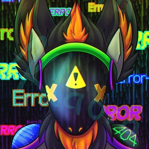 May include: A digital art illustration of a black and orange furry creature wearing a green and black mask with a yellow exclamation point and two black X's. The background is a dark blue and black with the word "ERROR" repeated in various colors and sizes.