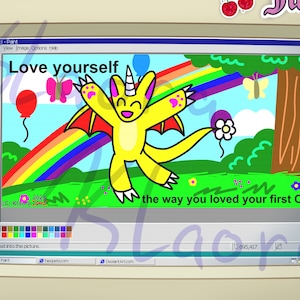 May include: A digital drawing of a yellow dragon with red wings and a unicorn horn, jumping in front of a rainbow. The text "Love yourself the way you loved your first OC" is at the bottom of the drawing.