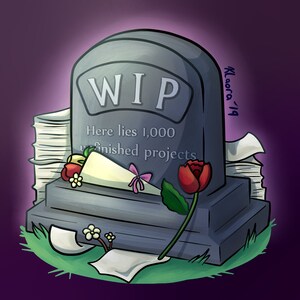 May include: A gray tombstone with the word "WIP" on it. The tombstone is surrounded by papers and flowers. The text on the tombstone reads "Here lies 1,000 unfinished projects."