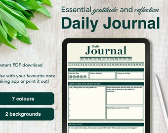 Peut inclure: Un modèle de planificateur numérique pour un journal quotidien avec des sections pour l'enregistrement, la gratitude, la motivation et la réflexion. Le modèle a un schéma de couleurs vert et blanc et comprend un calendrier pour l'année.