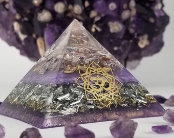 Orgonite® Pyramid Aum Om Amethyst Orgone® pyramid with EMF Protection from cell phone and electronics