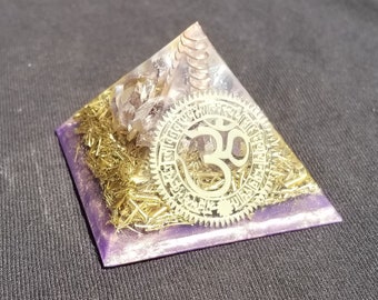 Orgonite® Pyramid Energy Healing Orgone® Pyramid Small Om/aum Amethyst & quartz crystal EMF / RF Protection