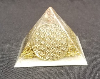Orgonite® Pyramid Energy Healing Orgone® Pyramid Small Flower of Life celenite & quartz crystal EMF / RF Protection