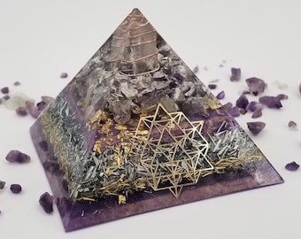 Orgonite® Pyramid 64 Tetrahedron Orgone® energy Pyramid Series with purple Amethyst, Third eye Chakra