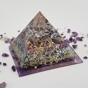 Orgonite® Pyramid 64 Tetrahedron Orgone® energy Pyramid Series with purple Amethyst, Third eye Chakra