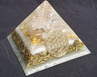 Orgonite® Pyramid Energy Healing Orgone® Pyramid Medium Flower of Life celenite & quartz crystal EMF / RF Protection
