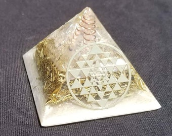 Orgonite® Pyramid Energy Healing Orgone® Pyramid Small Sri Yantra celenite & quartz crystal EMF / RF Protection