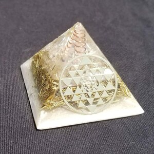 Orgonite® Pyramid Energy Healing Orgone® Pyramid Small Sri Yantra celenite & quartz crystal EMF / RF Protection