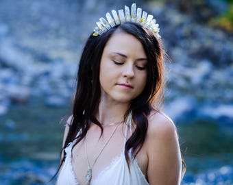 Crystal crown clear quartz gold leaf crystal tiara