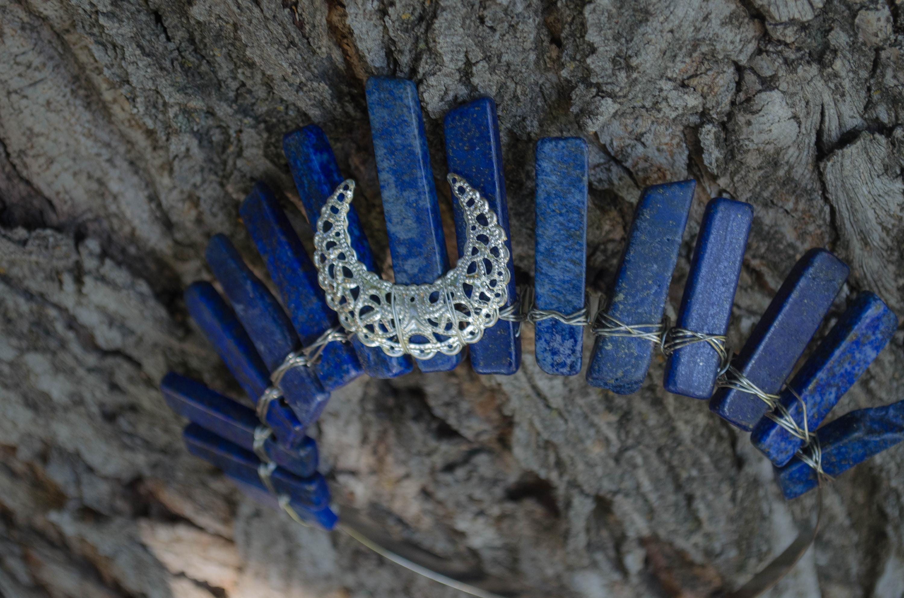 Lapis and Moon Tiara Lapis Lazuli Crystal Crown Gold Moon Tiara Bohemian Goddess  main image 3