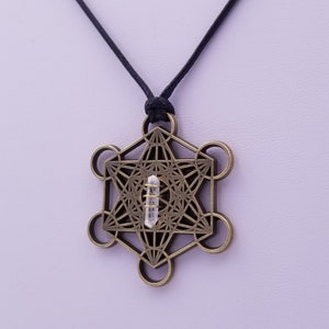 Metatrons cube talisman with quartz point pendant merkaba star tetrahedron amulet, Archangel Metatrons cube sigil with 5 platonic solids