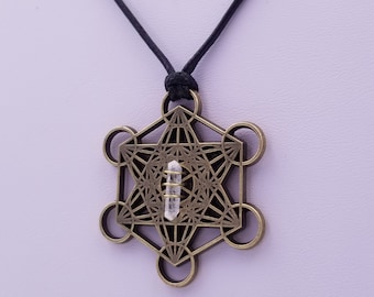 Metatrons cube talisman with quartz point pendant merkaba star tetrahedron amulet, Archangel Metatrons cube sigil with 5 platonic solids