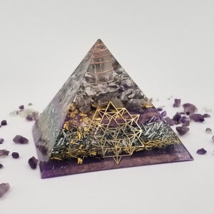 Orgonite® Pyramid 64 Tetrahedron Orgone® energy Pyramid Series with purple Amethyst, Third eye Chakra image 2