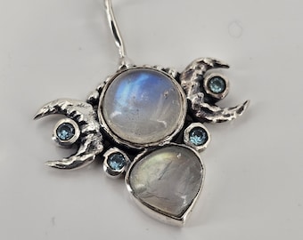 Triple Moon Goddess moon phase 925 sterling silver pendant with rainbow moonstone, labradorite, blue topaz, moon amulet talisman,silver moon
