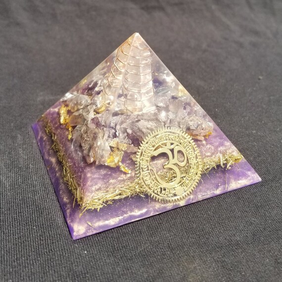 Orgonite® Pyramid Aum Om Amethyst Orgone® pyramid with EMF Protection from cell phone and electronics