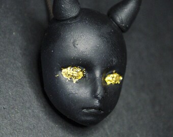 Alternative Baby devil head artistic oni demon pendant with horns 24k gold leaf boho necklace polymer clay jewelry