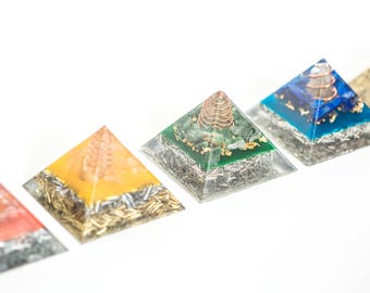 Small Orgonite® Energy Healing Orgone® Pyramids (all 7 Chakra Colors) with quartz crystal EMF / RF Protection