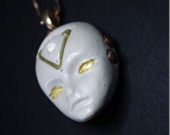 Avatar alien god head mask boho pendant alien, 24k gold, polymer clay, rainbow moonstone, ceremonial