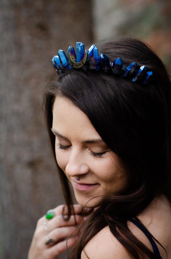 Handmade Blue Aura Quartz Crystal Crown-OS Blue Aura Quartz Crystal Crown: Witch, Bridal, Boho Headband  main image 3