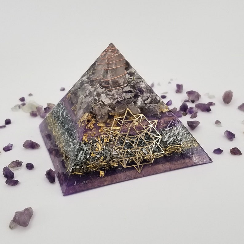 Orgonite® Pyramid 64 Tetrahedron Orgone® energy Pyramid Series with purple Amethyst, Third eye Chakra image 1