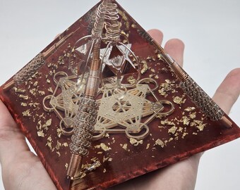 Orgonite Pyramid Metatrons Merkaba Orgone Generator Energy Healing Pyramid with red jasper, quartz crystal, EMF Protection, energy healing