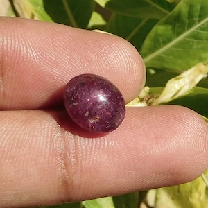 May include: A deep red oval-shaped gemstone with a smooth, polished surface. The gemstone has a slight sparkle and is set against a blurred background.