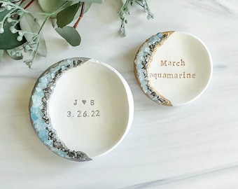 Engagement Ring Dish / Wedding Gift Jewelry Dish / Personalized Gift for Couple / Initials Date Gift for Her / March Birthstone Aquamarine