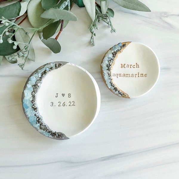 Engagement Ring Dish / Wedding Gift Jewelry Dish / Personalized Gift for Couple / Initials Date Gift for Her / March Birthstone Aquamarine