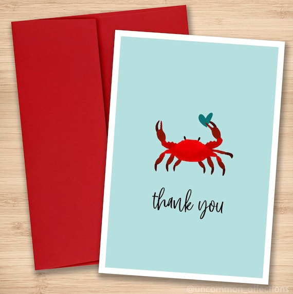 Thank You Card Pack Summer Theme Cards Crab and Heart Etsy