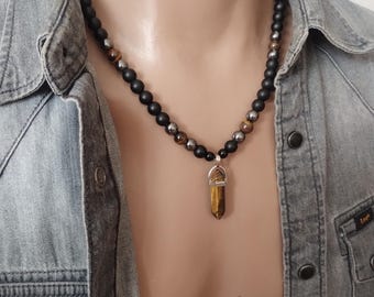 Halskette aus schwarzem Onyx für Herren, Tigeraugen-Halskette, Hämatit-Schmuck für Herren, Geburtstagsgeschenk für den Freund, Kristall-Halskette für Herren, Schutzschmuck