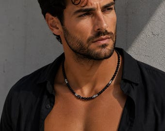 Collier en obsidienne noire pour homme, collier en hématite, ras-de-cou en pierre noire, bijoux en obsidienne, collier de perles noires, collier simple pour tous les jours