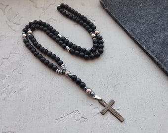 Collier croix pour homme, chapelet en hématite, collier en onyx noir, chapelet catholique, chapelet en onyx pour homme, cadeau chapelet en pierre précieuse, bijou pour petit ami